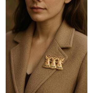 TC Tanya Creations 1990s Three Angels Truth Love Faith Brooch, 1.75x1” DAMAGED